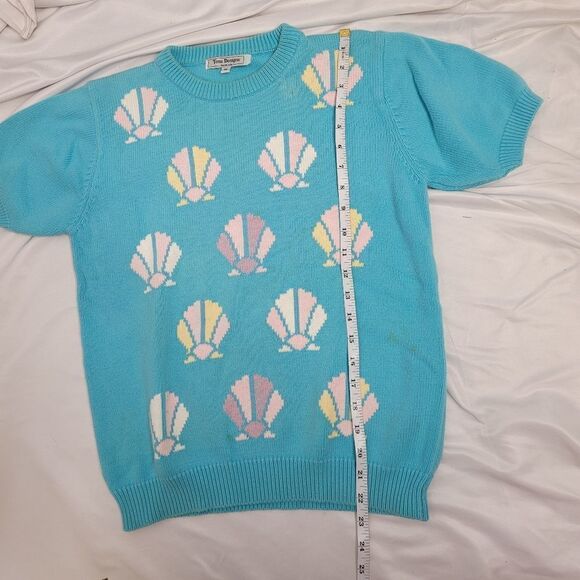 VINTAGE 90s sweater seashell‎ short sleeve crewneck blue S/M - Picture 8 of 8